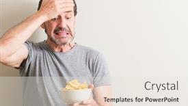  Presentation with potato chips - Theme featuring senior man eating potato chips stressed with hand on head shocked with shame and surprise face angry and frustrated fear and upset for mistake background and a sky blue colored foreground