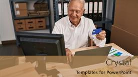  Presentation with senior worker - PPT theme having senior-man-ecommerce-business-worker background and a coral colored foreground