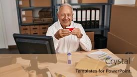  Presentation with senior worker - Presentation theme consisting of senior-man-ecommerce-business-worker background and a coral colored foreground