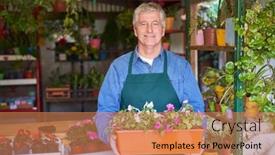  Presentation with experience - Theme featuring senior-man-gardener-with-flower background and a coral colored foreground