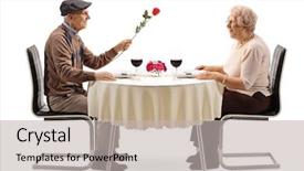  Presentation with white rose - Presentation theme having senior man giving a red rose to a senior woman at a restaurant table isolated on white background background and a light gray colored foreground