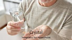  Presentation with water glass - Colorful theme enhanced with senior man hands with pills backdrop and a coral colored foreground