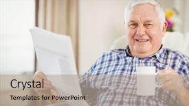  Presentation with senior living - Amazing slide deck having senior man having a cup of coffee and reading newspaper in living room backdrop and a mint green colored foreground