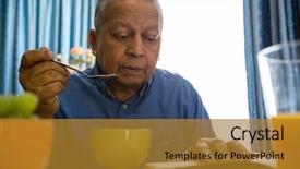  Presentation with reading table - Presentation with senior man having food while background and a gold colored foreground