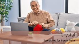  Presentation with sew - Slide set enhanced with senior-man-having-online-sew background and a coral colored foreground