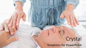  Presentation with senior spa - Colorful PPT theme enhanced with senior man having reiki treatment backdrop and a coral colored foreground