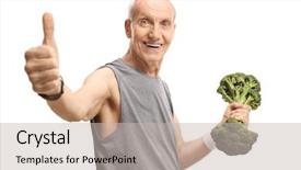  Presentation with spinach lettuce berries mushrooms broccoli - Theme having senior man holding a broccoli background and a light gray colored foreground