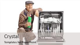  Presentation with kneeling - Slides enhanced with senior man holding a detergent background and a light gray colored foreground