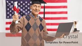  Presentation with usa flag - PPT layouts consisting of senior-man-holding-a-graduation background and a coral colored foreground