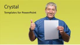  Presentation with blank - Slides with senior man holding blank sheet background and a yellow colored foreground