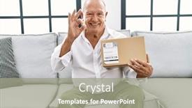  Presentation with friendly - Presentation theme consisting of senior-man-holding-delivery-package background and a gray colored foreground