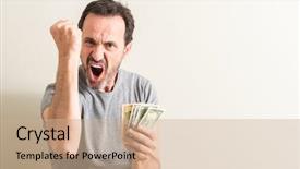  Presentation with dollar - Audience pleasing slide deck consisting of bad investment - senior man holding dollar money backdrop and a  colored foreground