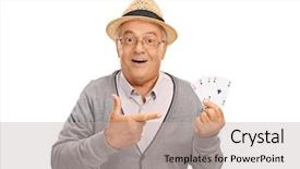  Presentation with foster care aces - Cool new PPT theme with senior man holding four aces backdrop and a light gray colored foreground