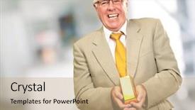  Presentation with gold - Cool new theme with senior man holding gold bar backdrop and a coral colored foreground