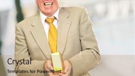  Presentation with gold man smile - PPT layouts having senior man holding gold bar background and a coral colored foreground