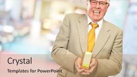  Presentation with gold man smile - PPT theme consisting of senior man holding gold bar background and a coral colored foreground