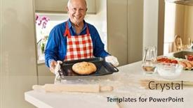  Presentation with bread - PPT layouts with senior-man-holding-oven-tray background and a soft green colored foreground