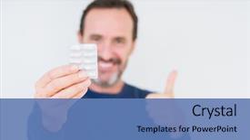  Presentation with pharmaceutical - Slides with senior man holding pharmaceutical pills background and a teal colored foreground