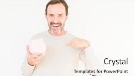  Presentation with piggy bank is evil - PPT layouts enhanced with senior man holding piggy bank background and a cream colored foreground