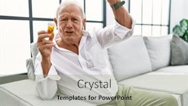  Presentation with pills - Slides featuring senior-man-holding-pills-angry background and a light gray colored foreground