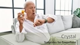  Presentation with pills - PPT layouts enhanced with senior-man-holding-pills-looking background and a mint green colored foreground