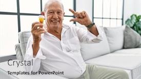 Presentation with pills - PPT layouts having senior-man-holding-pills-smiling background and a  colored foreground