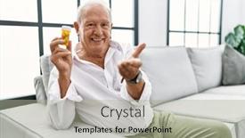  Presentation with hand palm - Presentation design having senior-man-holding-pills-smiling background and a  colored foreground