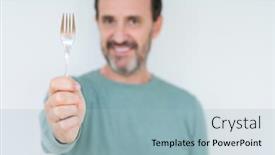  Presentation with confident - Audience pleasing PPT layouts consisting of senior man holding silver fork backdrop and a light blue colored foreground