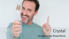  Presentation with happy sad face man - Slide set featuring senior man holding silver fork background and a light blue colored foreground