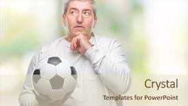  Presentation with soccer - Amazing PPT theme having senior man holding soccer football backdrop and a  colored foreground