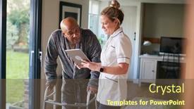  Presentation with using digital tablet - PPT theme enhanced with senior-man-in-dressing-gown background and a tawny brown colored foreground