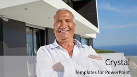  Presentation with villa - Slide deck enhanced with senior man in front of luxury modern home villa background and a light gray colored foreground