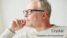  Presentation with old age - Slide set with senior man in glasses thinking background and a light gray colored foreground