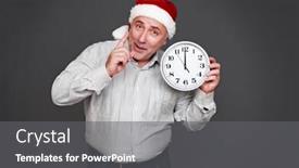  Presentation with attention - Presentation featuring senior man in santa hat holding clock and showing the attention sign studio shot over grey background background and a gray colored foreground