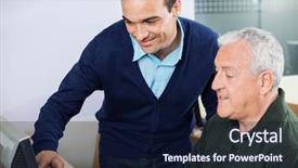  Presentation with gold man smile - Amazing slide deck having senior man in using computer backdrop and a navy blue colored foreground