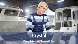  Presentation with data - Audience pleasing slide set consisting of senior man in workwear leaning backdrop and a ocean colored foreground