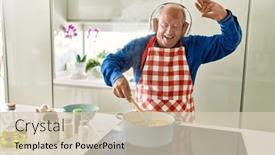  Presentation with listening - Presentation theme featuring senior-man-listening-to-music background and a soft green colored foreground