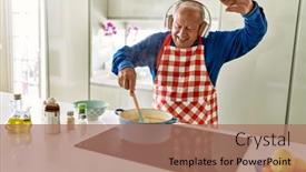  Presentation with listening - Presentation theme featuring senior-man-listening-to-music background and a coral colored foreground