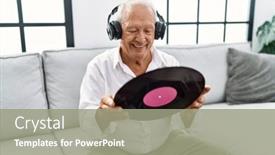  Presentation with music vinyl - Presentation theme featuring senior-man-listening-to-music background and a gray colored foreground