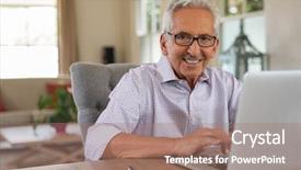  Presentation with senior living - PPT theme with senior man looking at camera background and a coral colored foreground