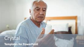  Presentation with pill bottle - Beautiful presentation theme featuring senior man looking at pill bottle in bedroom backdrop and a light blue colored foreground