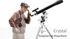  Presentation with telescope - Audience pleasing PPT theme consisting of senior-man-looking-through backdrop and a white colored foreground