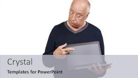 Presentation with laptop blank screen - Presentation theme featuring senior-man-looks-with-puzzled background and a  colored foreground