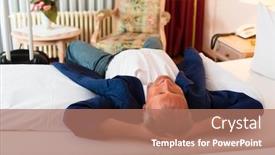  Presentation with bed hotel - Audience pleasing presentation design consisting of senior man lying on the bed in the hotel room and relaxing backdrop and a coral colored foreground