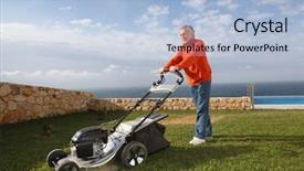  Presentation with europeskt man - Presentation theme featuring senior man mowing the lawn background and a light blue colored foreground