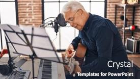 Presentation with music studio - Slide deck having senior-man-musician-playing-guitar background and a wine colored foreground