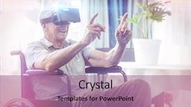  Presentation with happy sad face man - Colorful theme enhanced with senior man on wheelchair using backdrop and a  colored foreground