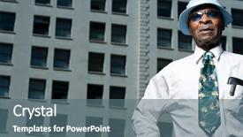  Presentation with building - PPT theme with senior man outside a building background and a ocean colored foreground