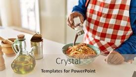  Presentation with spaghetti - Presentation having senior-man-pouring-salt background and a soft green colored foreground