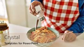  Presentation with spaghetti - Presentation design featuring senior-man-pouring-salt background and a coral colored foreground